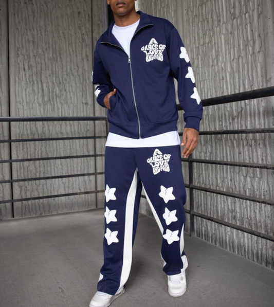 Ensemble bleu marine, disponible en noir, gris, bleu claire, beige, rouge